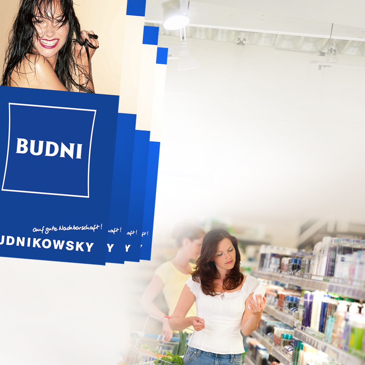 Brown hair woman in cosmetics department holding bottle of shampoo